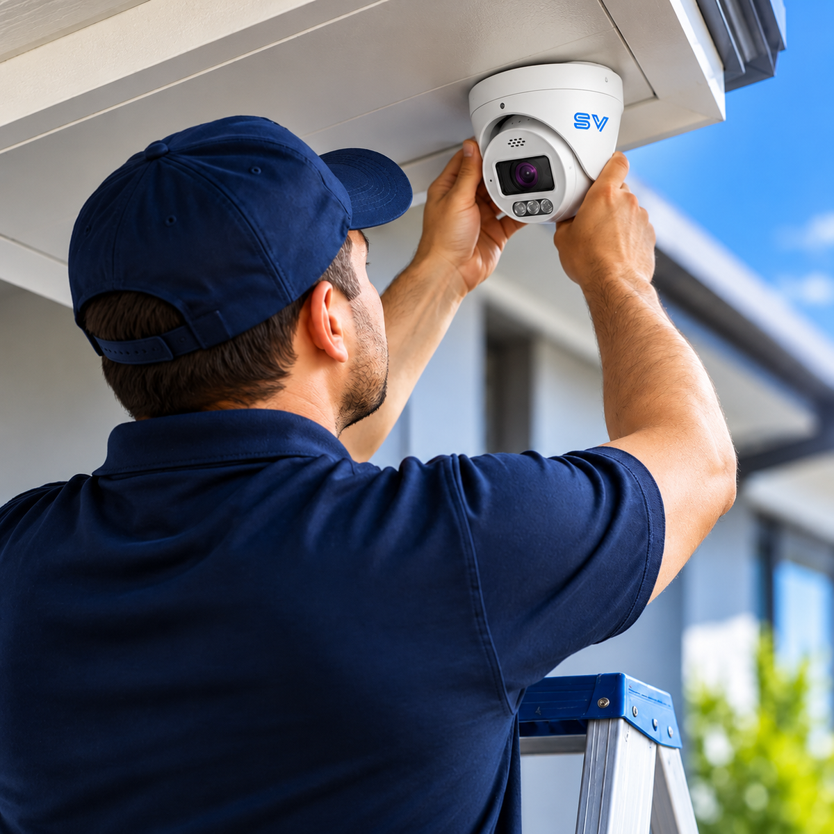 Security installer fitting CCTV camera