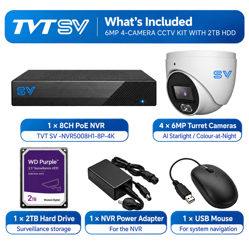 TVT SV | 6MP 4-Camera CCTV Security Kit with 2TB HDD